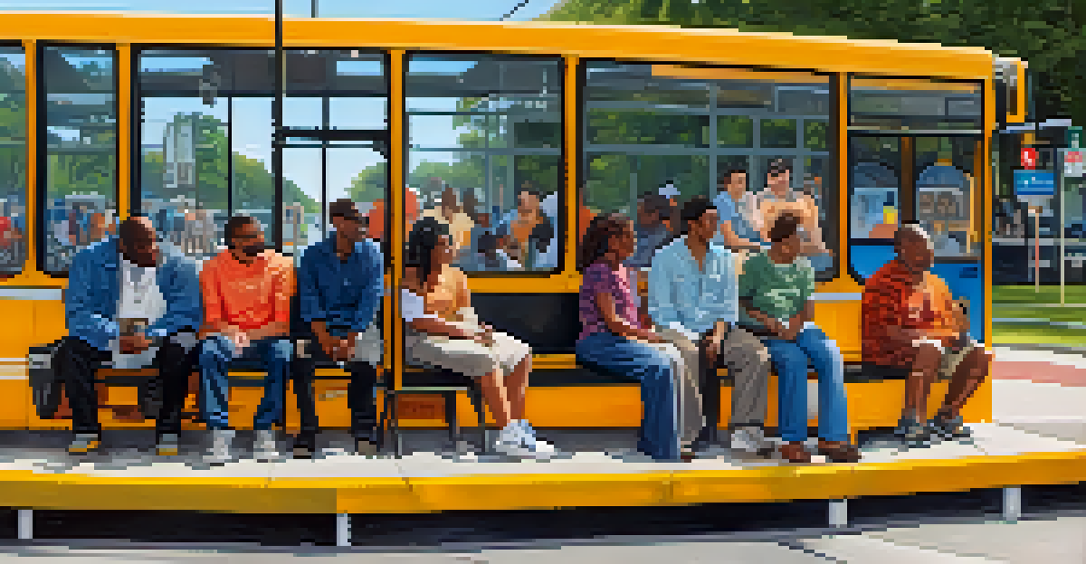 A diverse group of individuals waiting at a bus stop in Jacksonville, including people with disabilities and others using smartphones, emphasizing inclusivity.