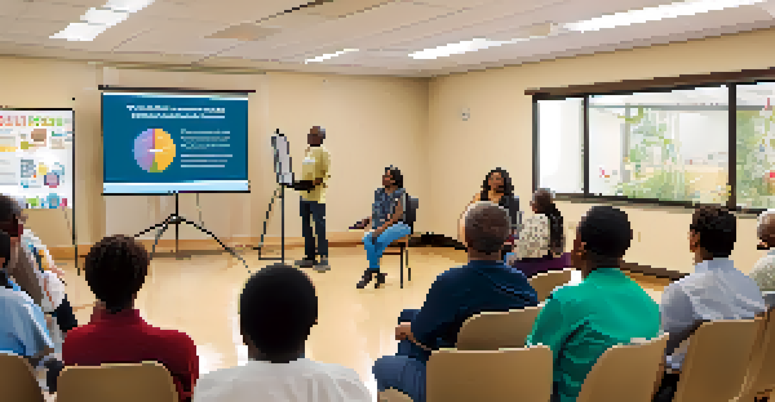 A community health workshop with diverse attendees listening to a healthcare professional presenting on health topics, decorated with wellness posters.