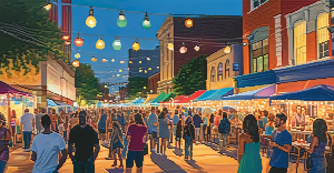 A lively street scene during Jacksonville's Art Walk, featuring artists and colorful art displays under a warm sunset.