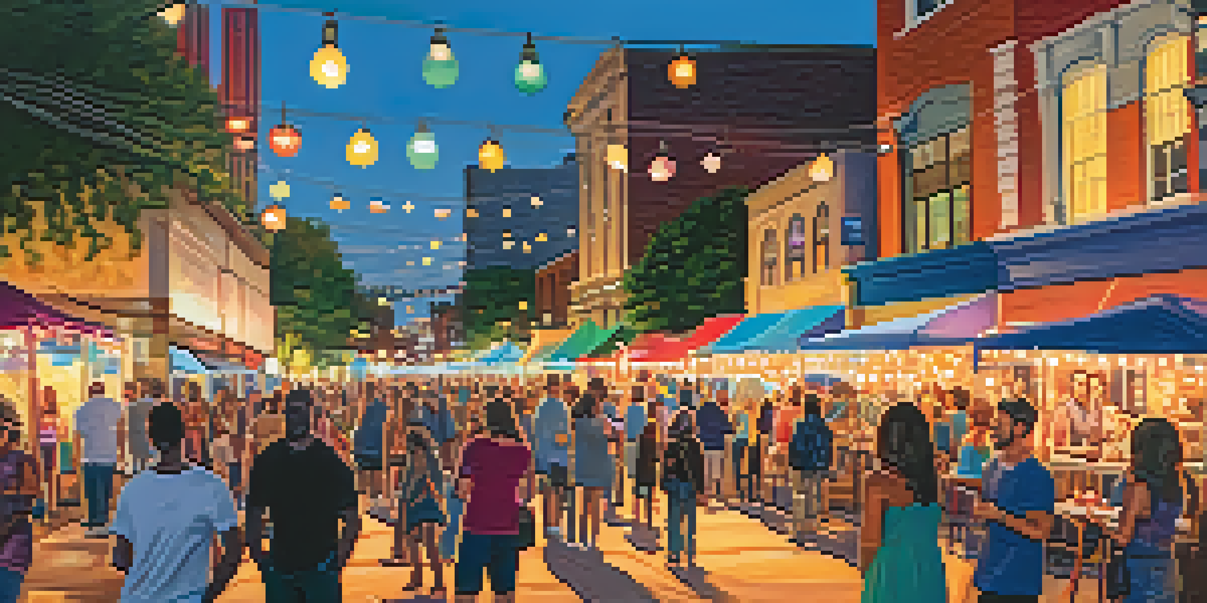 A lively street scene during Jacksonville's Art Walk, featuring artists and colorful art displays under a warm sunset.