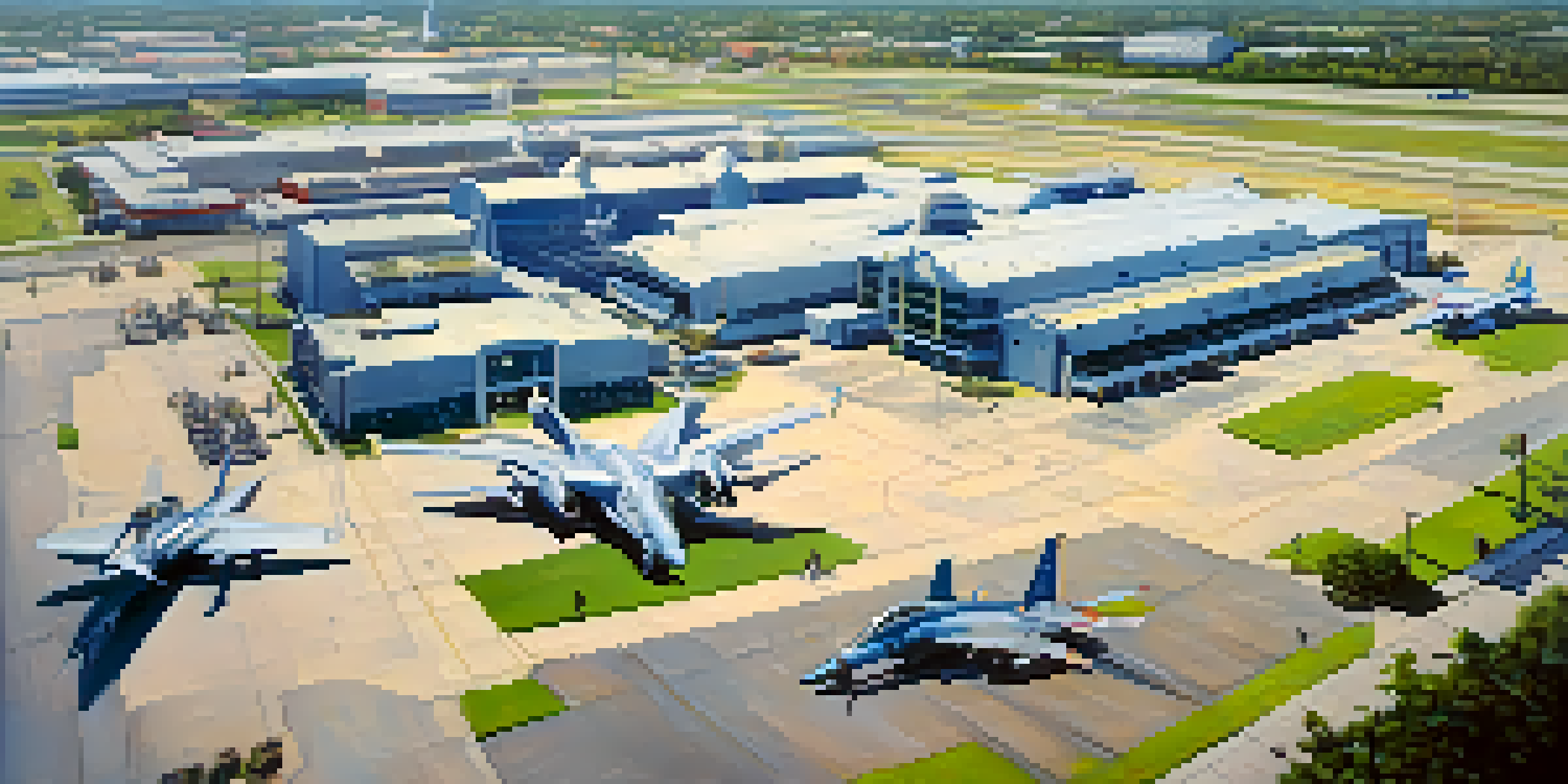 Aerial view of Jacksonville Naval Air Station with military planes and the city skyline in the background.