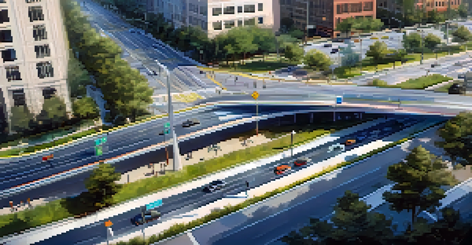 Aerial view of Jacksonville's road infrastructure with expanded lanes, bike paths, and smart traffic signals, showcasing a mix of cars, bicycles, and pedestrians.