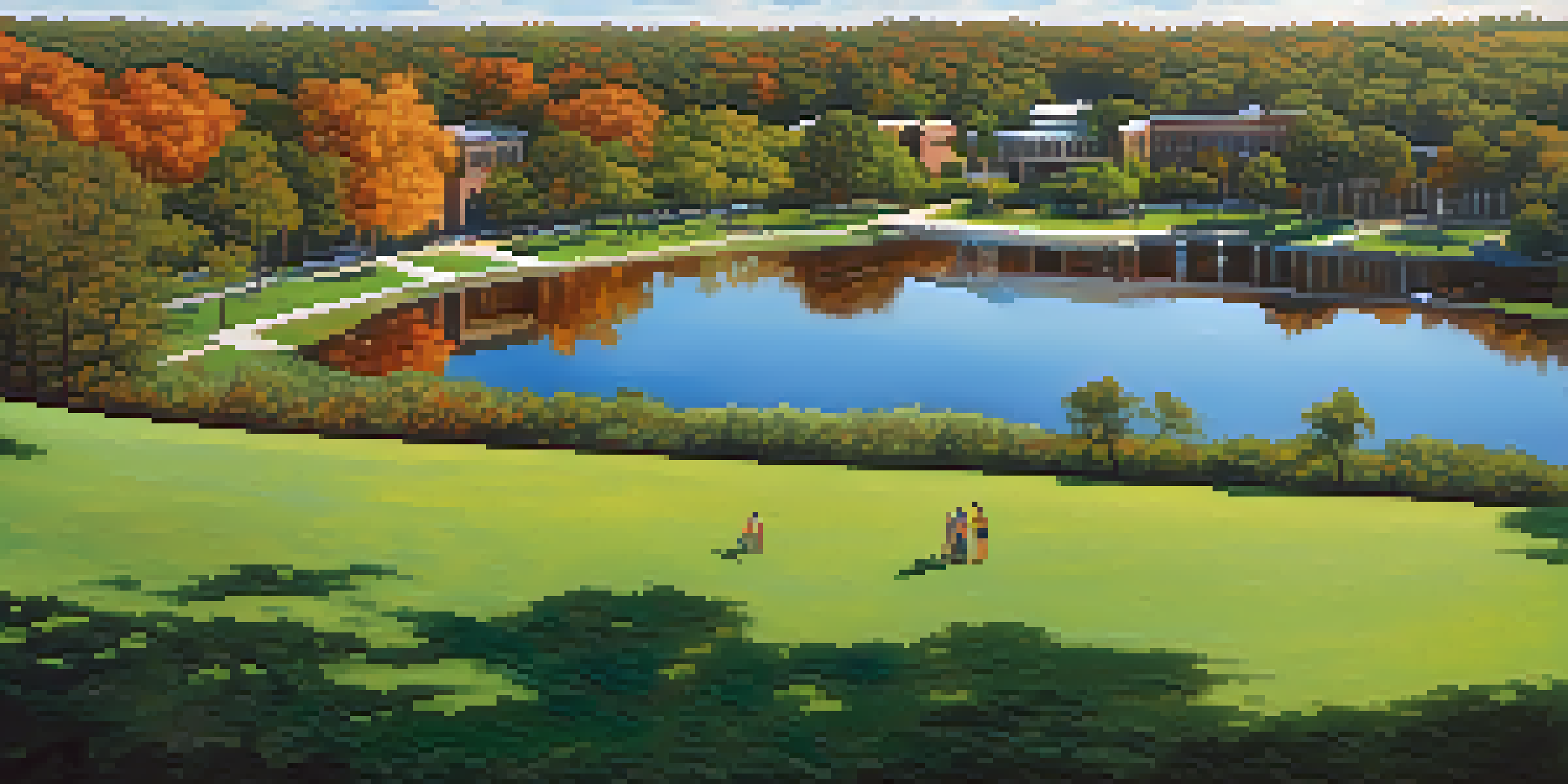 A scenic view of the University of North Florida campus with students involved in environmental research amidst colorful autumn trees and clear skies.