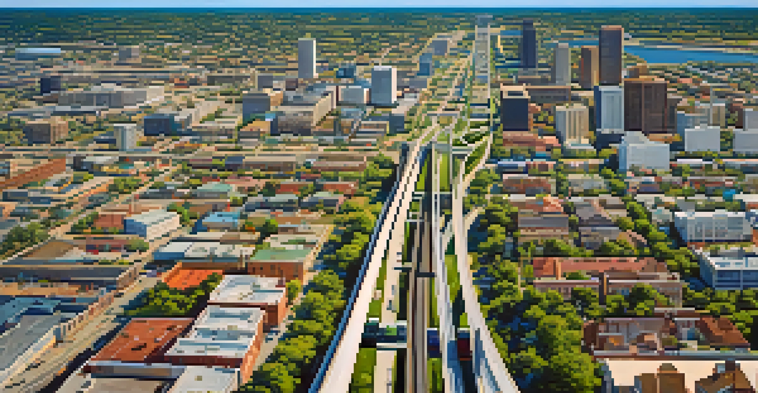 An aerial view of Jacksonville showing well-maintained roads and areas with infrastructure decay, along with the city's transit system.