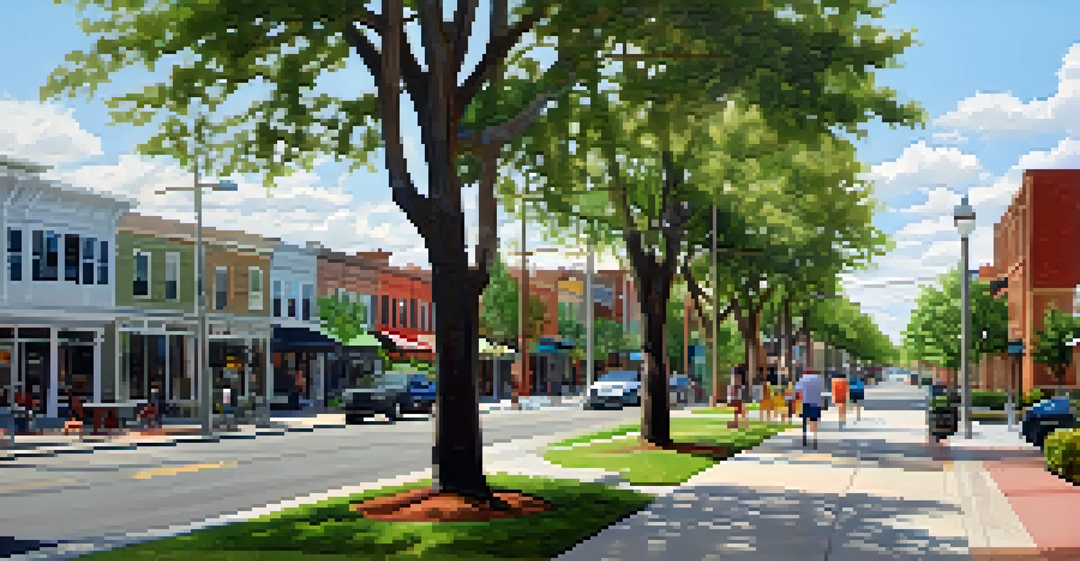 A scenic view of a walkable neighborhood in Jacksonville, featuring tree-lined streets, mixed-use buildings, and residents walking and biking.