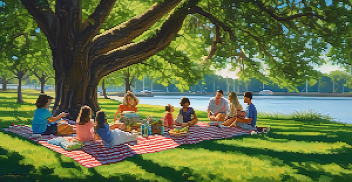 A family picnic in Riverside Park, with a blanket spread under an oak tree, a basket filled with food, and the St. Johns River in the background.