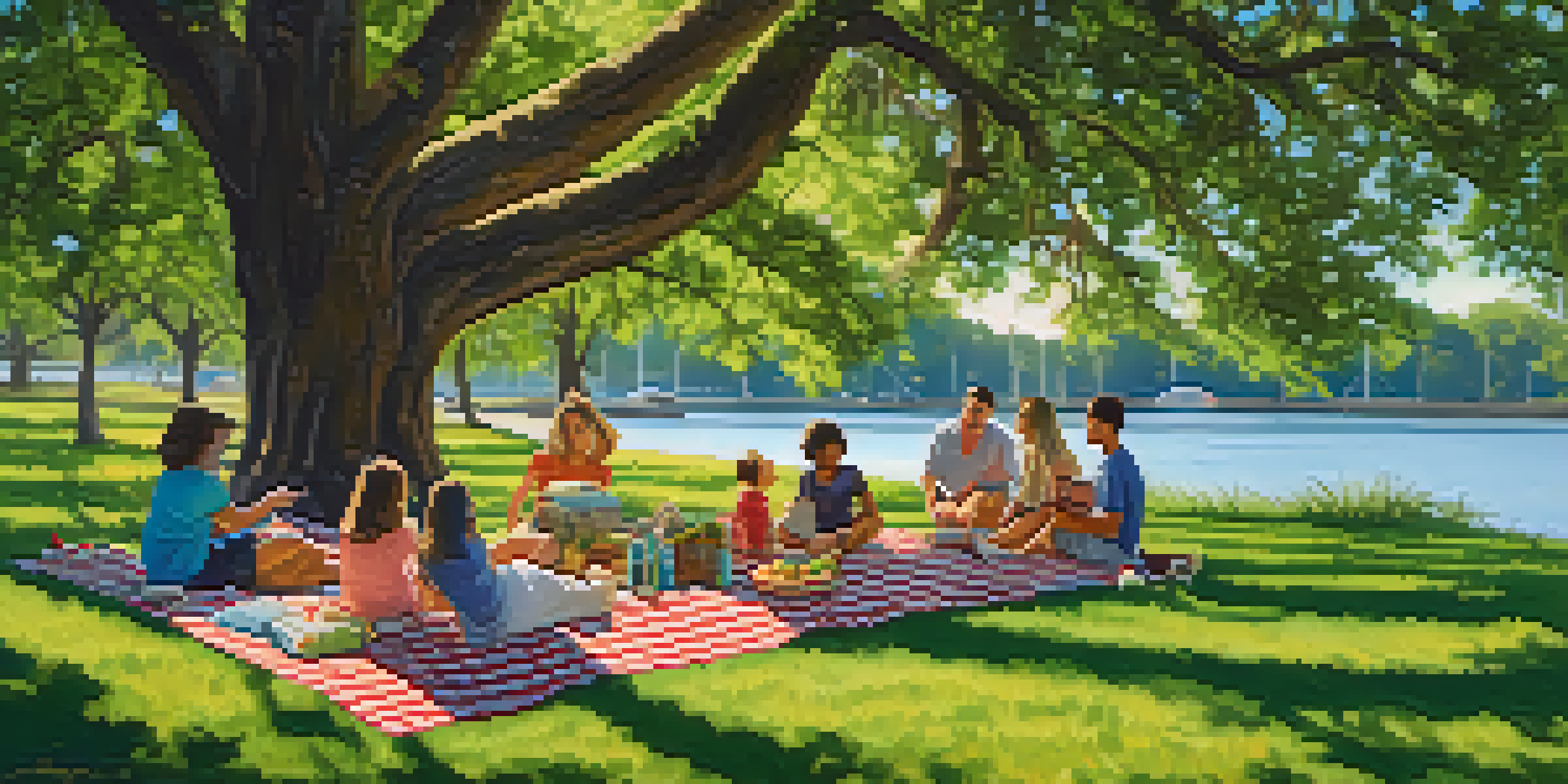 A family picnic in Riverside Park, with a blanket spread under an oak tree, a basket filled with food, and the St. Johns River in the background.