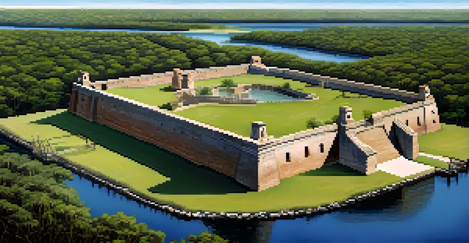 An overhead perspective of Fort Caroline with its reconstructed buildings and surrounding lush landscape along the St. Johns River under a bright blue sky.