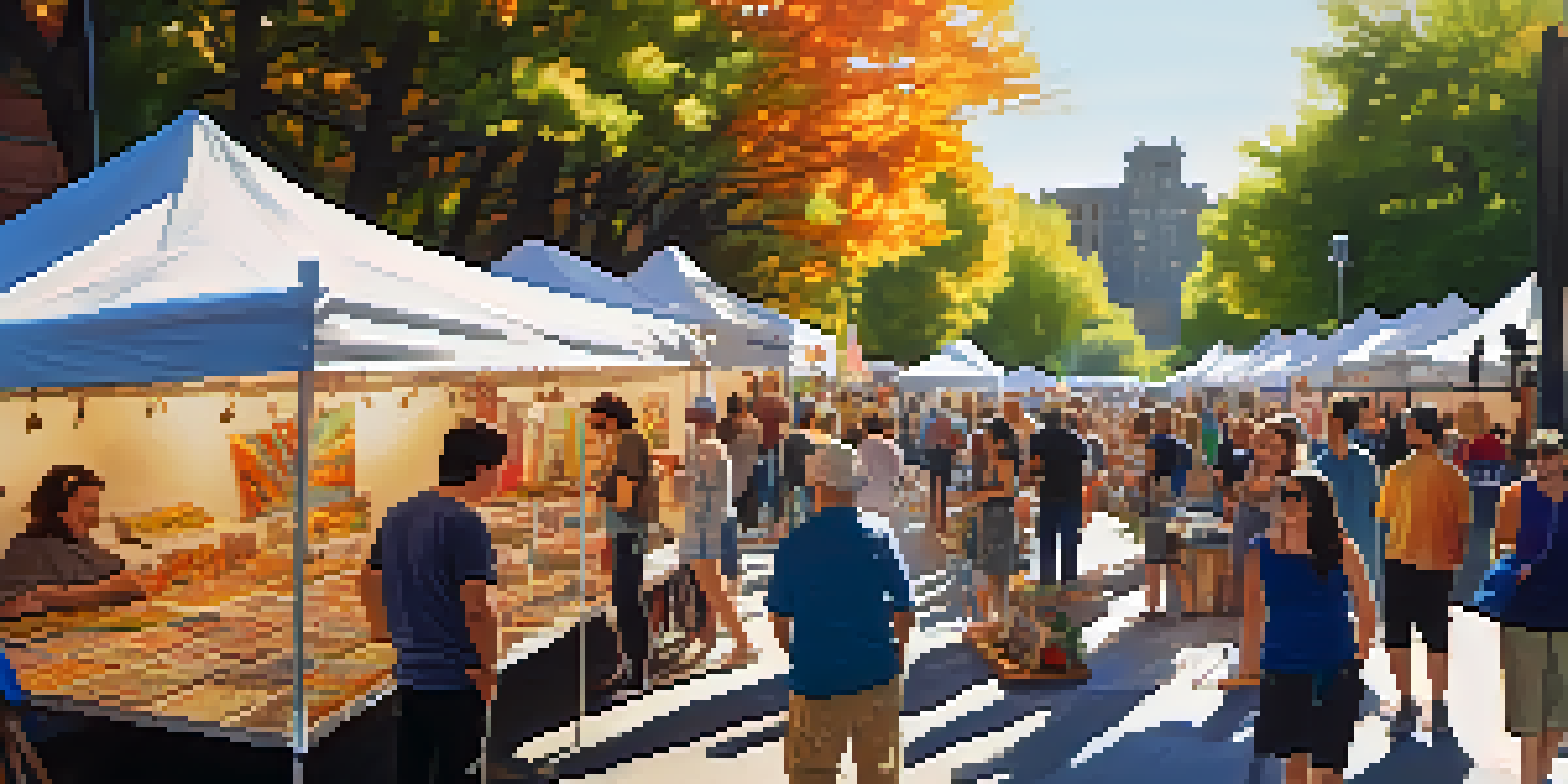 A bustling outdoor market with artists displaying their crafts under a bridge, filled with colorful stalls and visitors enjoying the art.