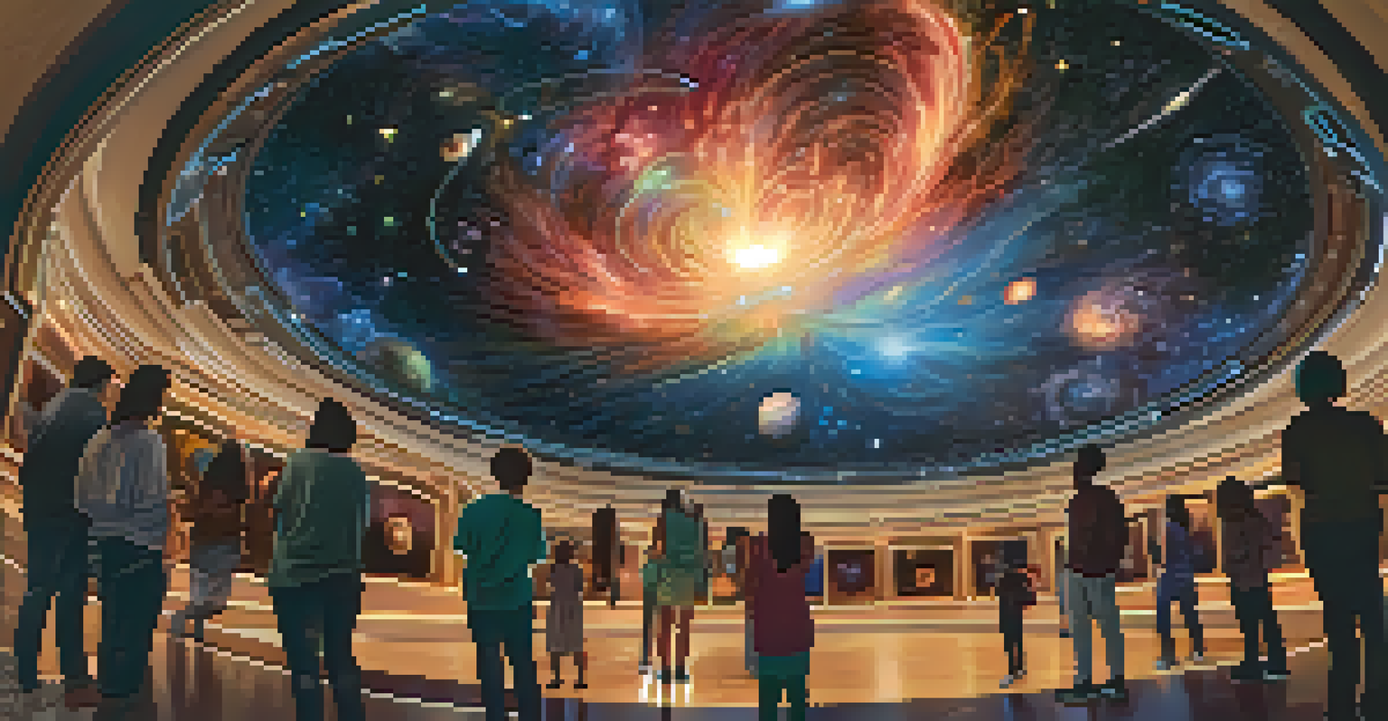 Audience members gazing up in awe at a planetarium show featuring swirling galaxies and vibrant nebulae in a darkened room.