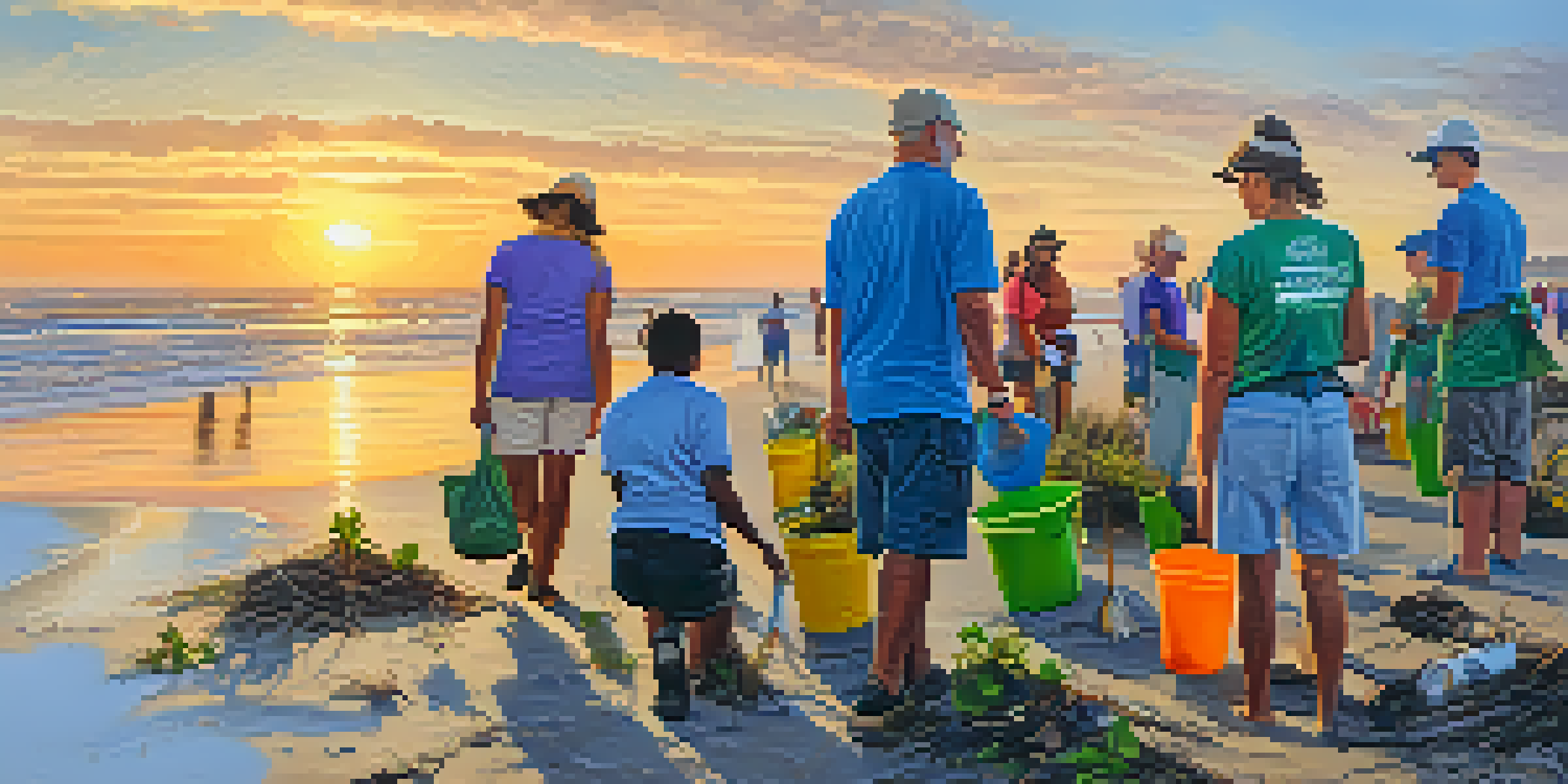 A diverse group of volunteers cleaning up a beach in Jacksonville during sunset, with colorful clothing and plants.