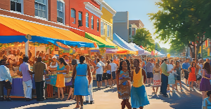 A lively street festival in Jacksonville with people enjoying jazz music, colorful banners, and food vendors under a warm sunset.