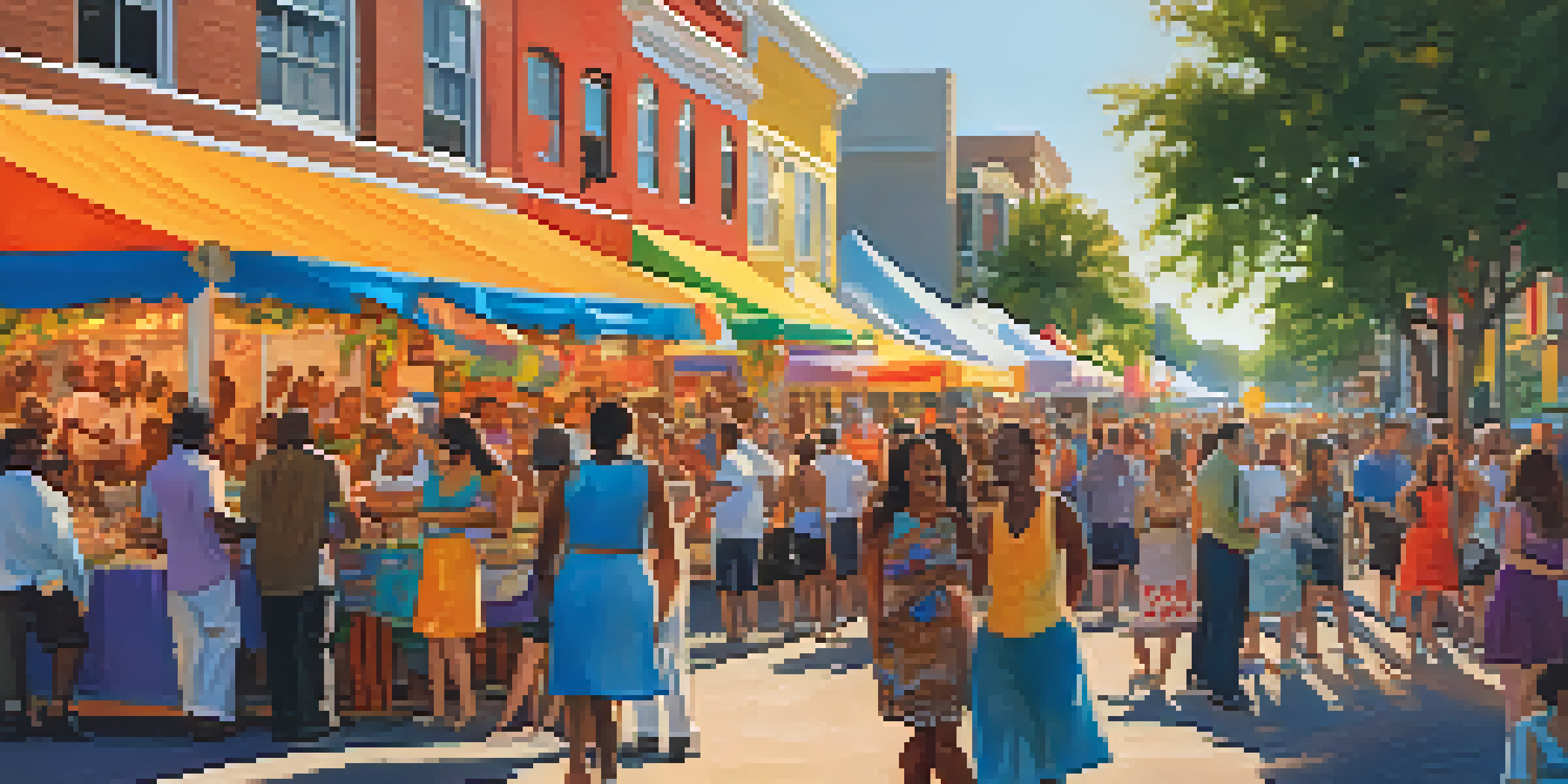 A lively street festival in Jacksonville with people enjoying jazz music, colorful banners, and food vendors under a warm sunset.