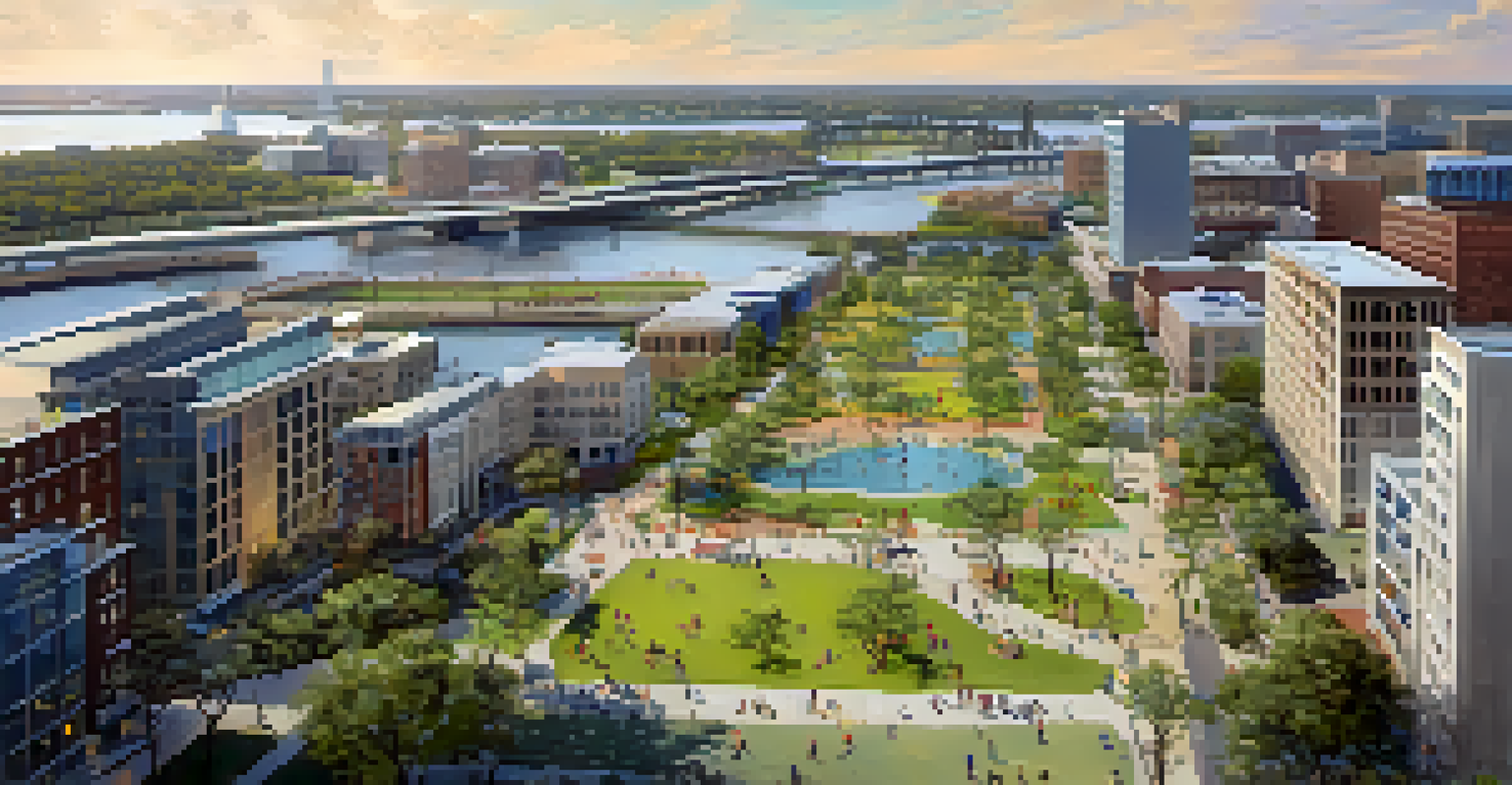 Aerial view of Jacksonville's revitalized Riverfront, featuring parks, walkways, and people enjoying outdoor activities.