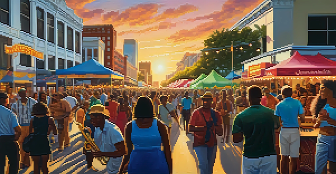 A lively outdoor festival scene with people enjoying jazz music, colorful decorations, and food vendors at sunset.
