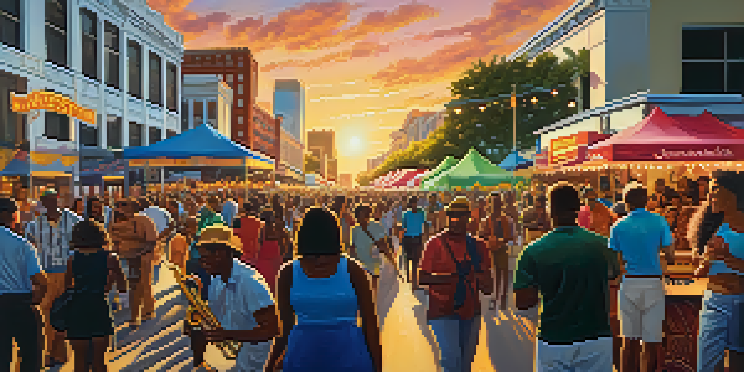 A lively outdoor festival scene with people enjoying jazz music, colorful decorations, and food vendors at sunset.