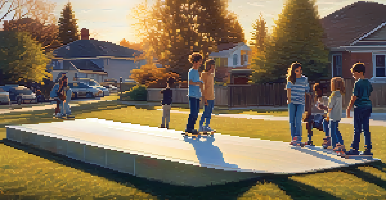 A group of young skaters around a makeshift ramp in a neighborhood, sharing tips and laughing in the warm glow of the late afternoon sun.