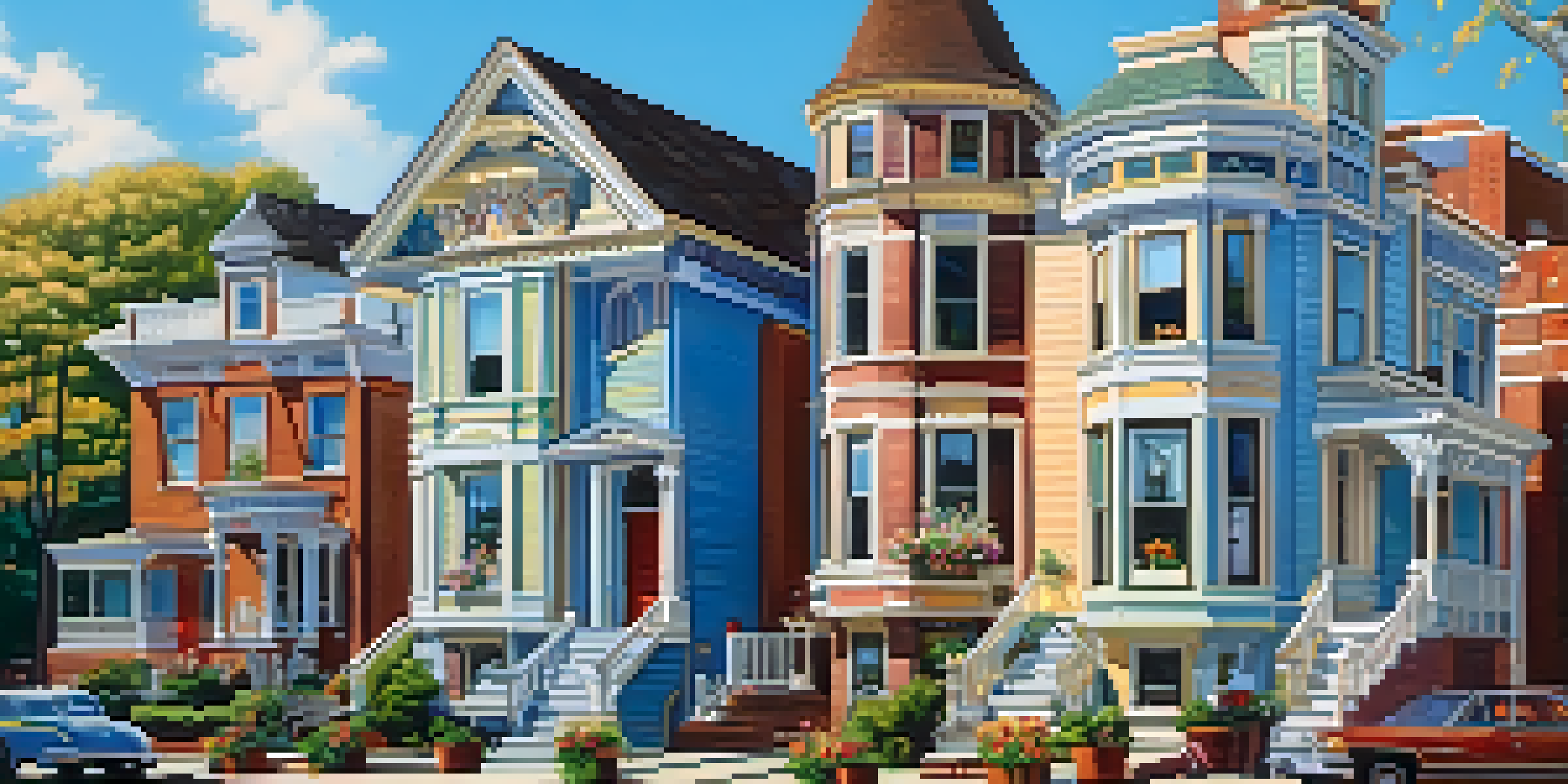 A charming street in Springfield featuring restored Victorian homes, colorful flowers, and residents enjoying the outdoors.
