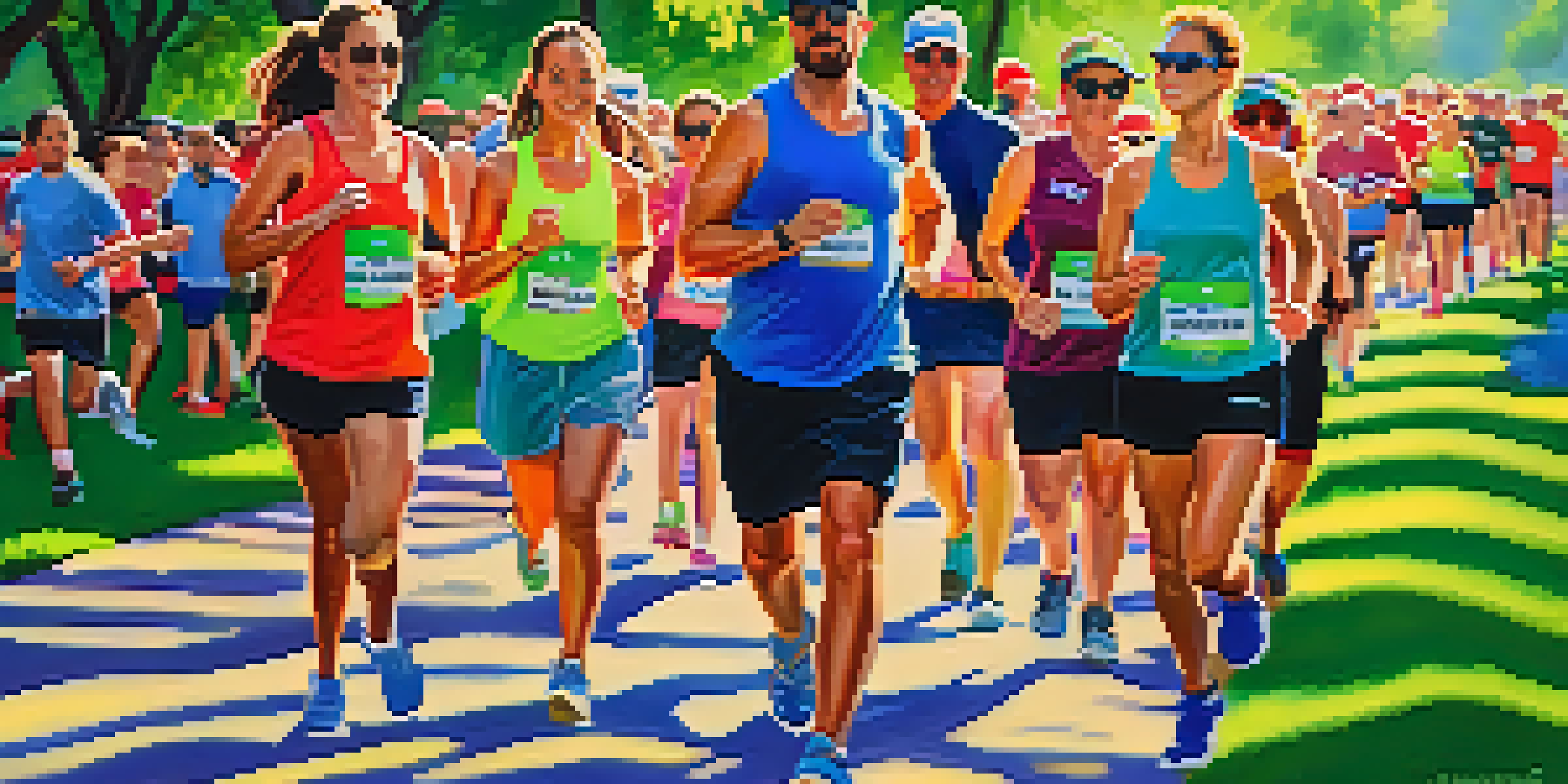 Runners of various ages and backgrounds participating in a lively 5K race in a sunny park, with cheering spectators and colorful athletic wear.