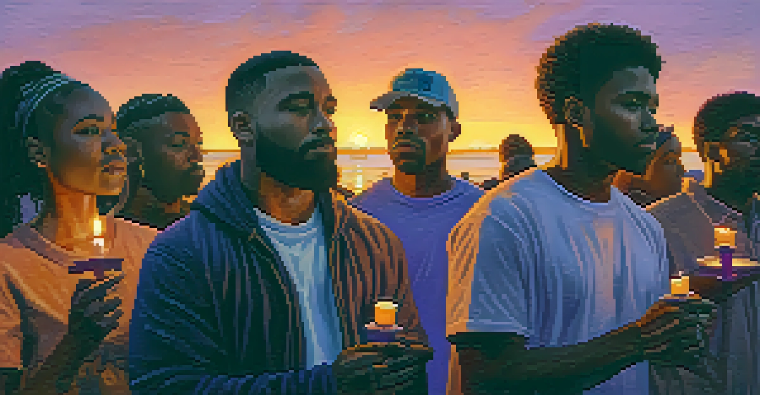 A peaceful protest in Jacksonville at dusk, with diverse individuals holding candles, illuminated by the warm colors of a sunset.