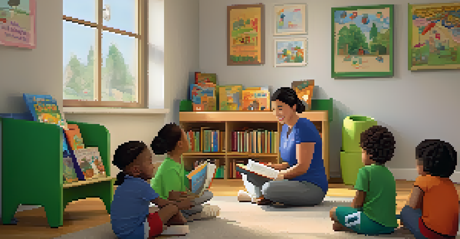A teacher reading a story to young children in a cozy reading nook filled with cushions and books, creating a nurturing atmosphere.