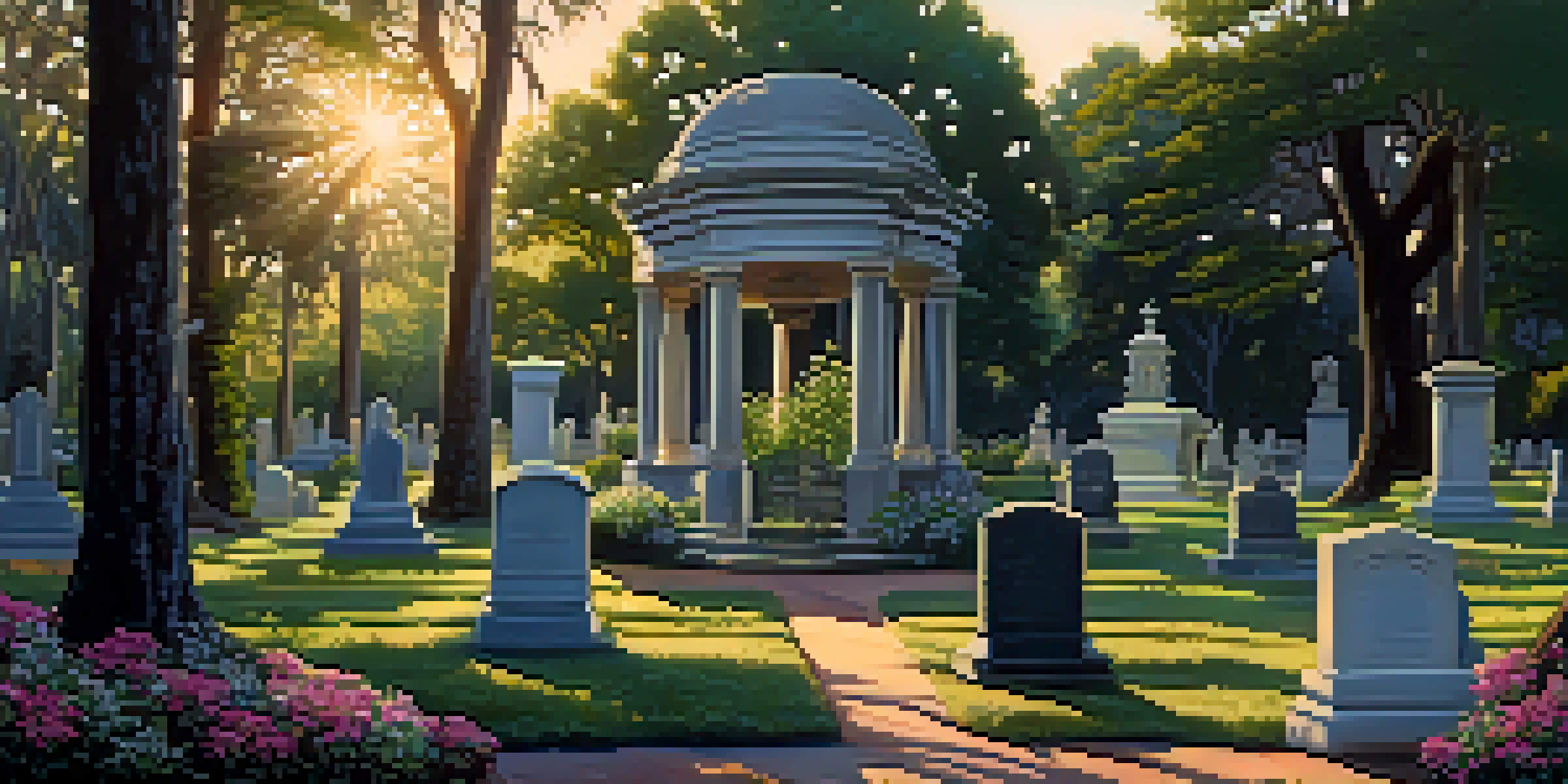 A peaceful cemetery scene in Jacksonville, featuring ornate tombstones and greenery, illuminated by warm sunlight.
