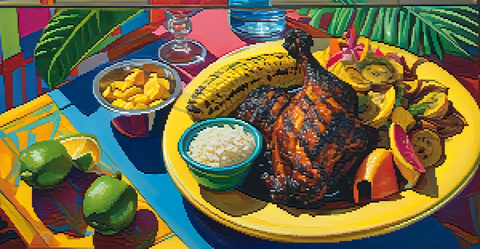 A vibrant Caribbean restaurant scene with jerk chicken and plantains on a colorful table.