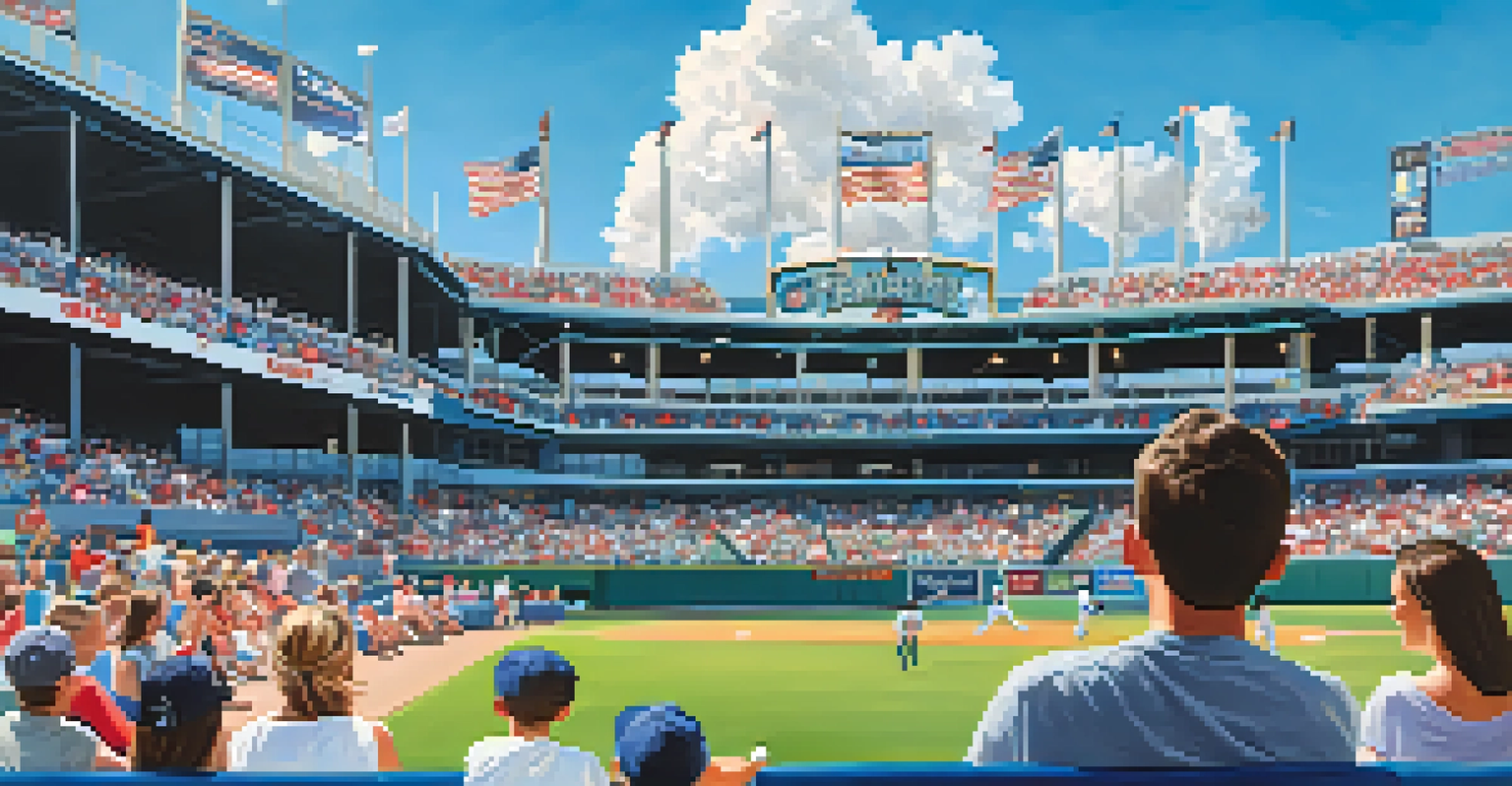 A family at a baseball game, smiling and holding foam fingers, with a sunny sky above.