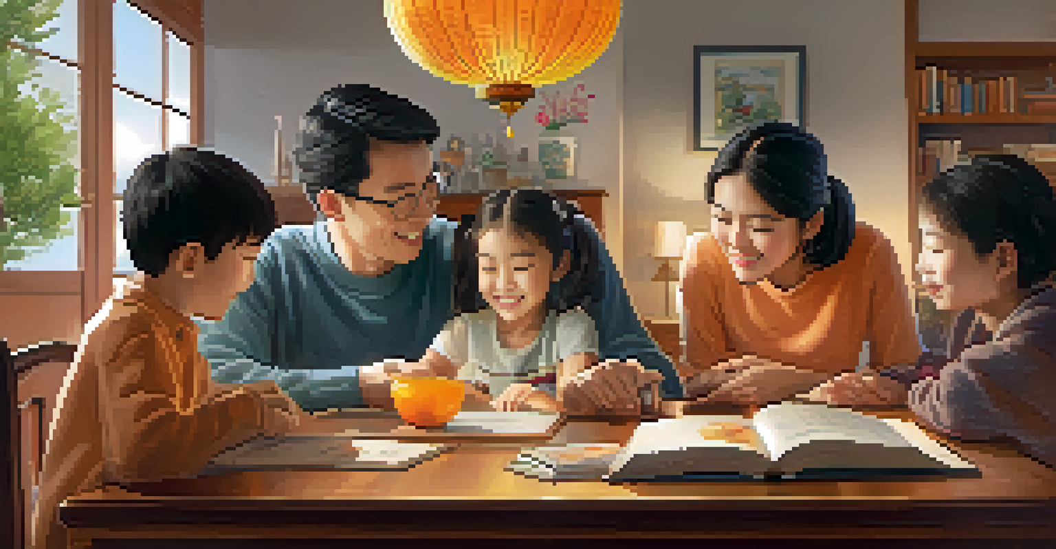 A family in a suburban home learning Mandarin together, surrounded by books and cultural decorations.