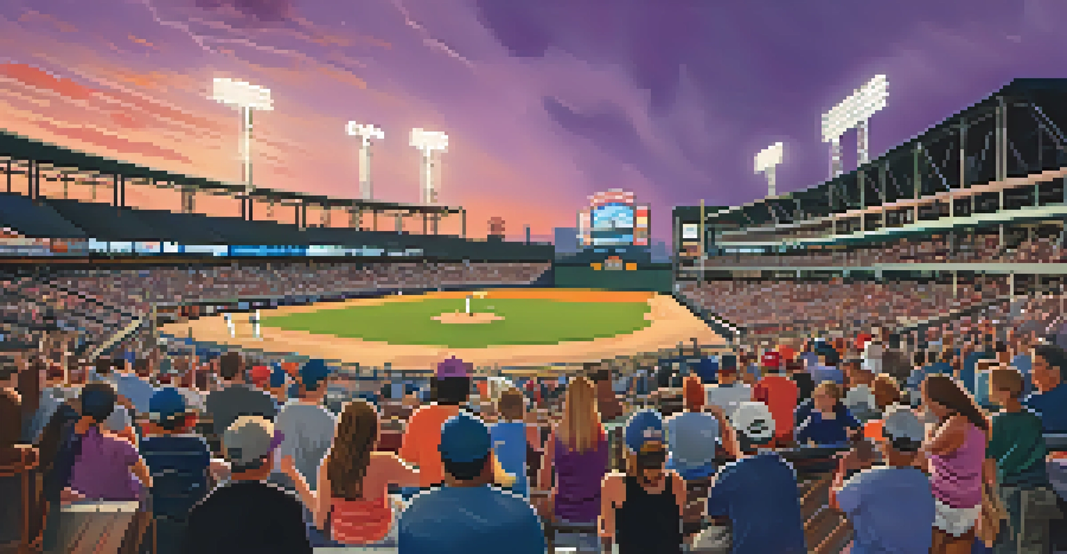 A sunset scene at 121 Financial Ballpark with families enjoying a baseball game and fireworks beginning to light up the sky.