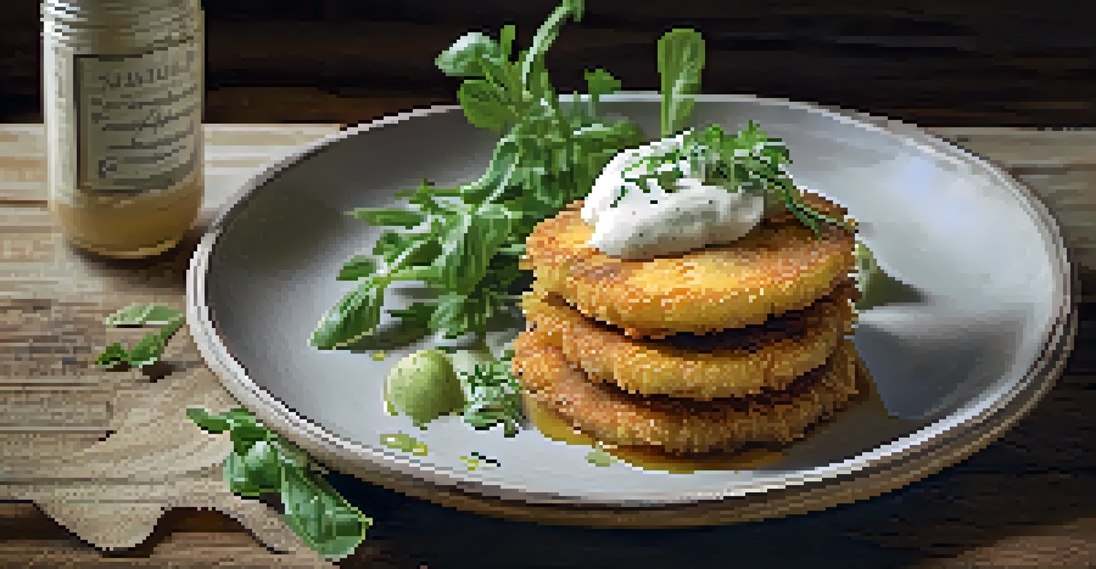 A close-up of crispy fried green tomatoes garnished with remoulade sauce and fresh herbs on a rustic wooden table.