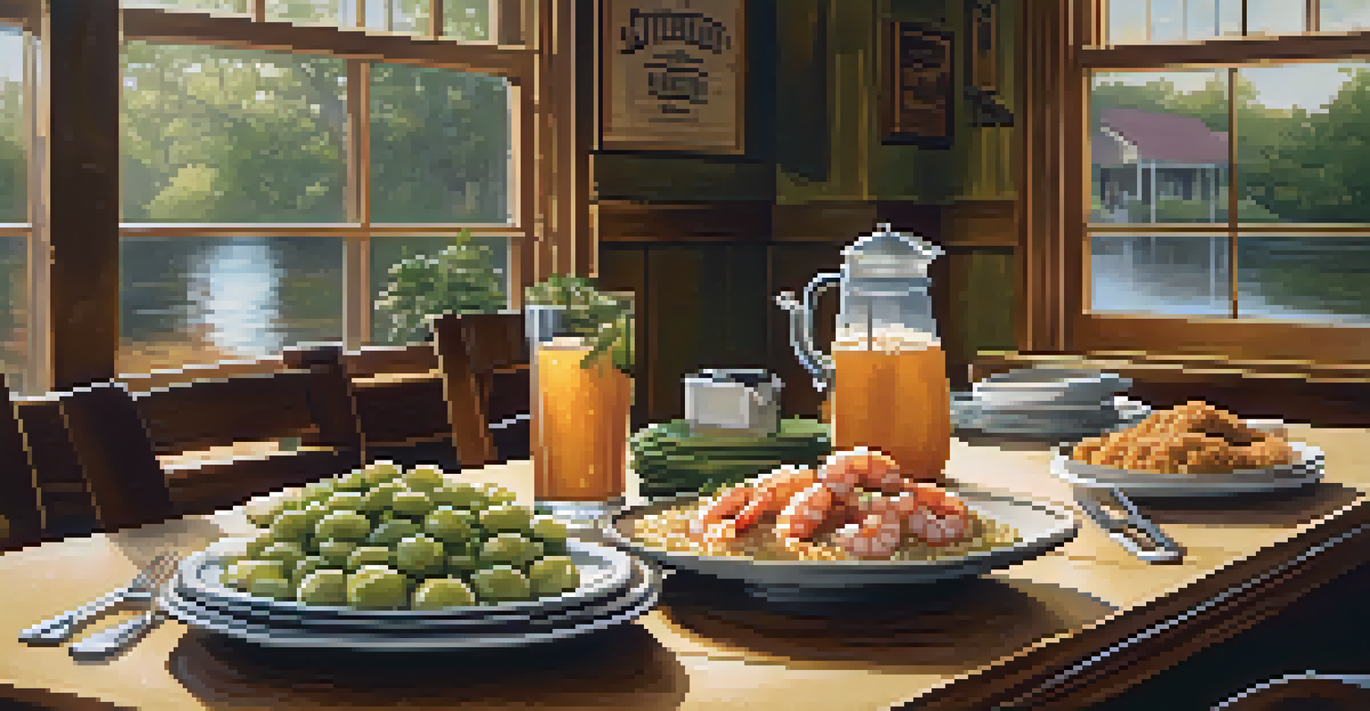A Southern-style restaurant table set with shrimp and grits and fried green tomatoes, in a cozy setting.