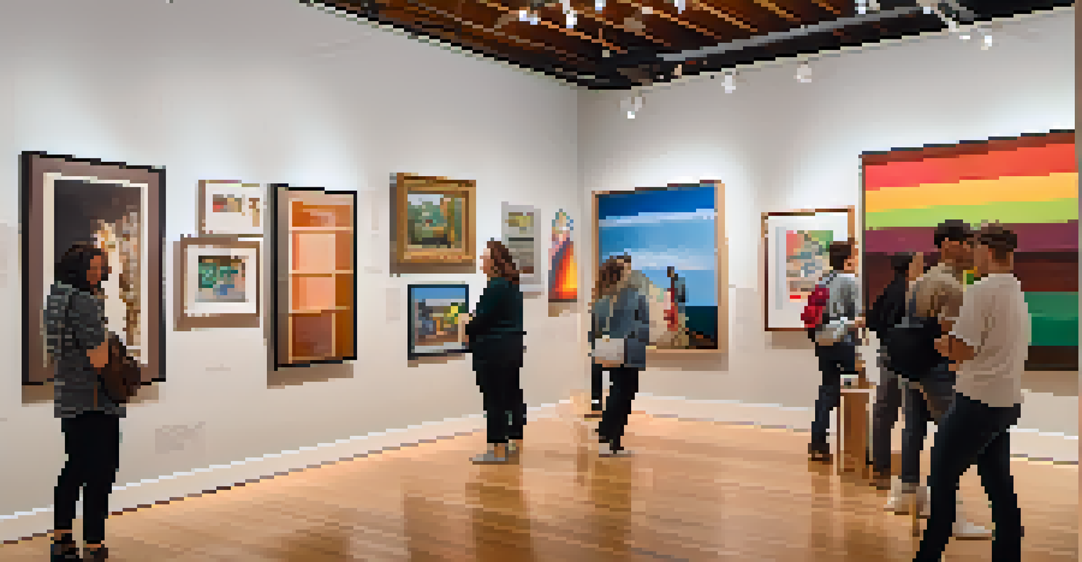 An art gallery showcasing LGBTQ+ themed artwork, with colorful pieces on display and visitors admiring the art in a warmly lit space.