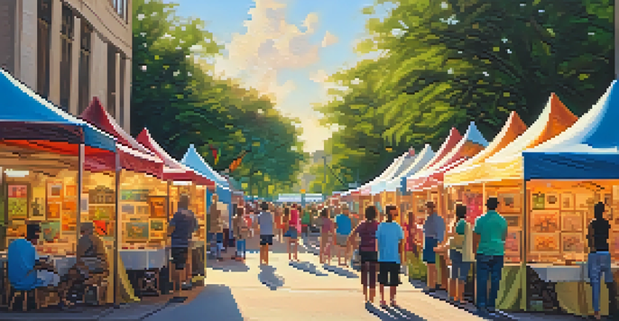 A lively market scene showcasing local artists and their colorful artwork in Jacksonville, illuminated by warm sunlight.