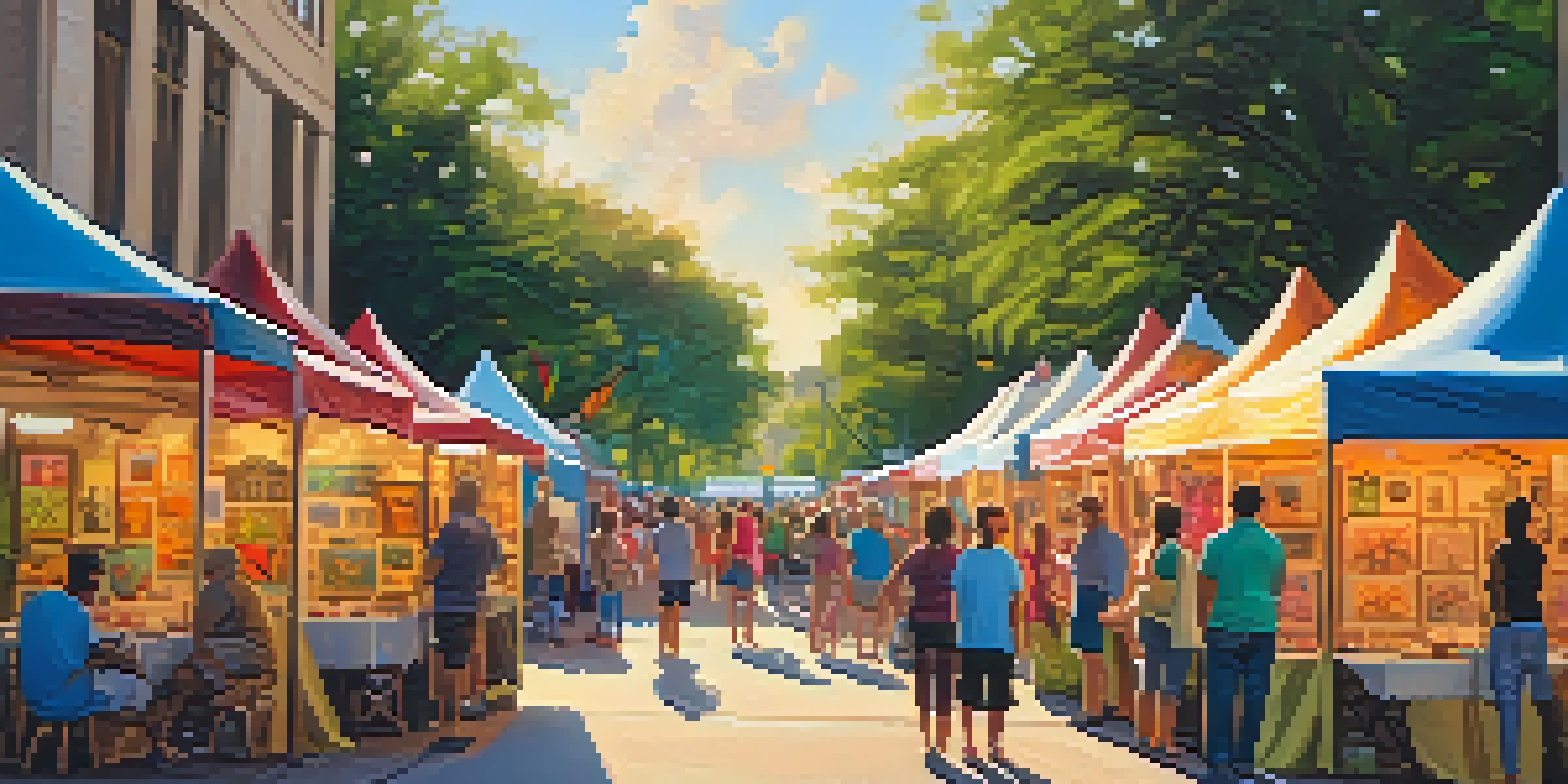 A lively market scene showcasing local artists and their colorful artwork in Jacksonville, illuminated by warm sunlight.