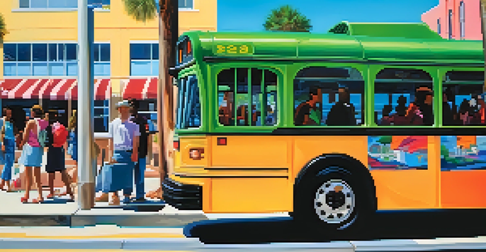 A colorful JTA bus at a bus stop in Jacksonville with people waiting and greenery around.