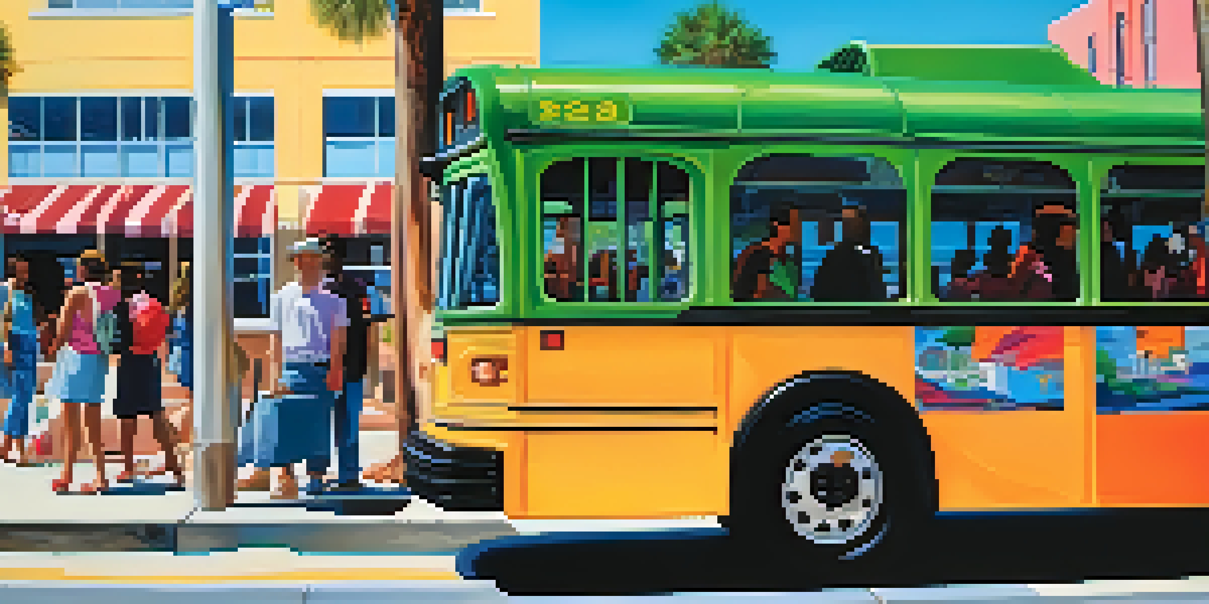 A colorful JTA bus at a bus stop in Jacksonville with people waiting and greenery around.