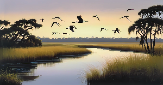 A peaceful sunrise over the Timucuan Ecological Preserve with marshes and egrets flying.