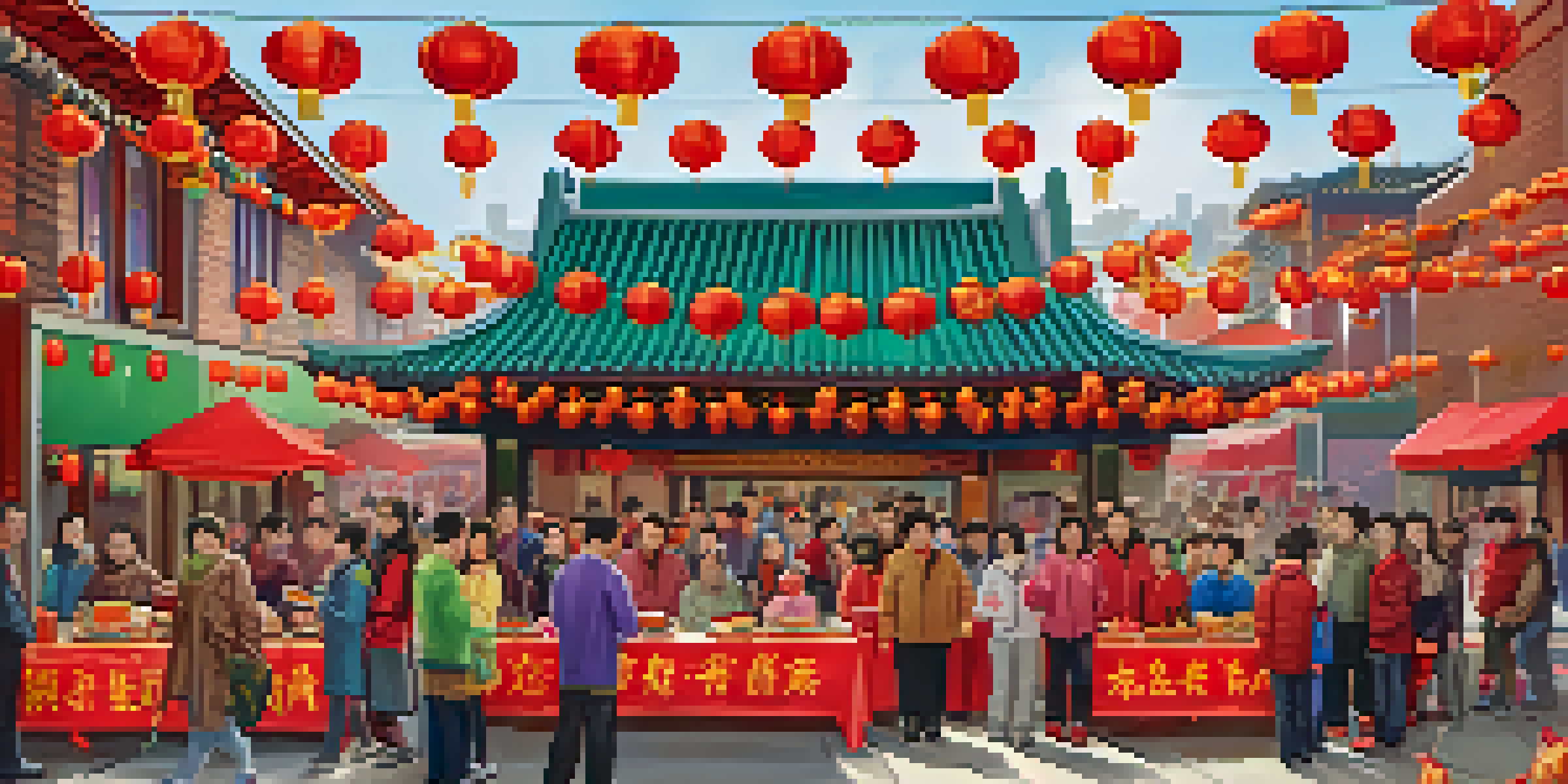 A community center celebrating Chinese New Year, with colorful decorations, performers, and families enjoying the festivities.