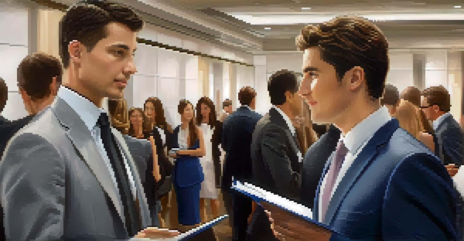 A business professional practicing their elevator pitch among other attendees at a networking event.