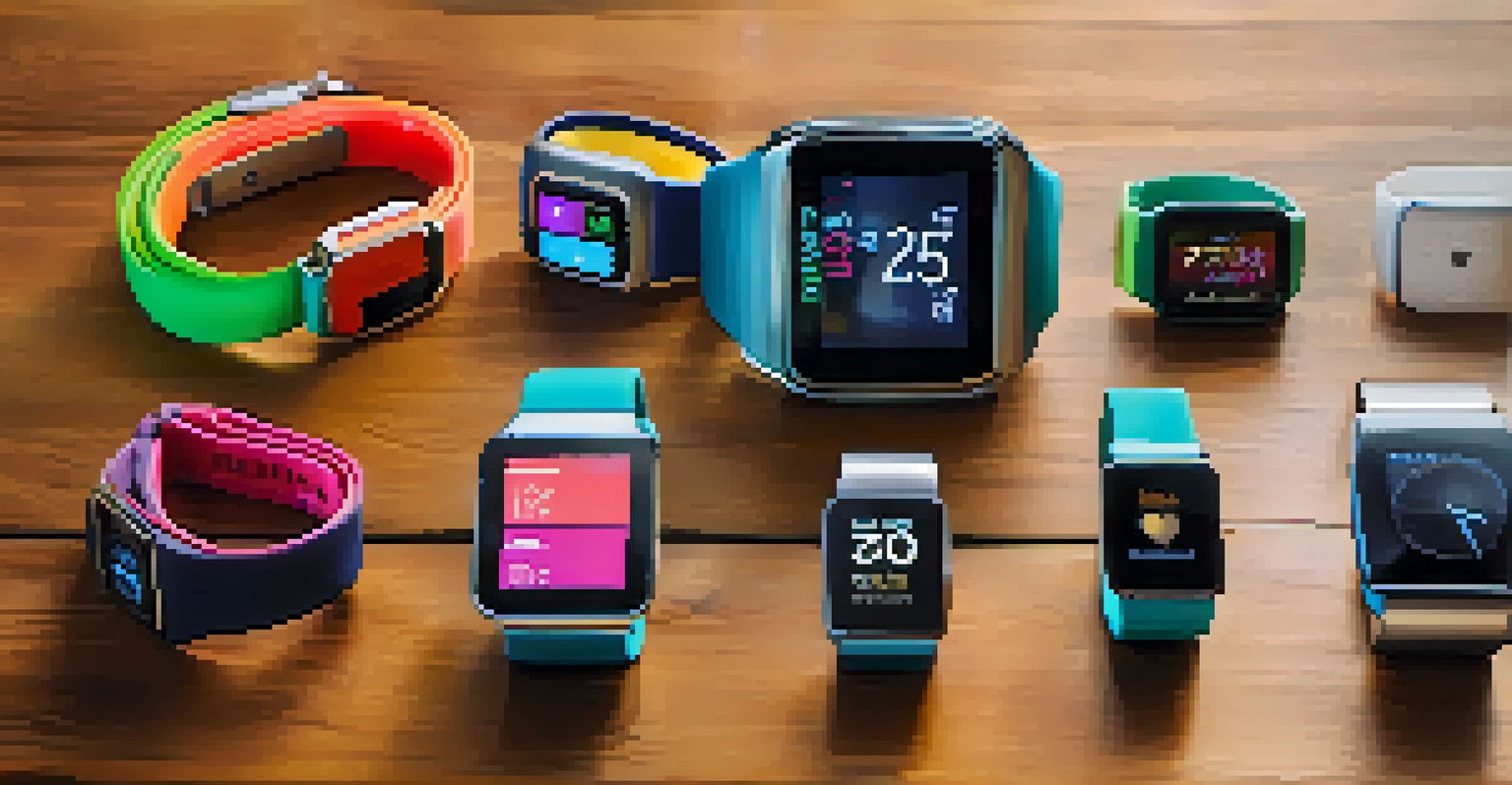 A collection of smartwatches and fitness trackers displaying health data on a wooden table, illuminated by natural light.