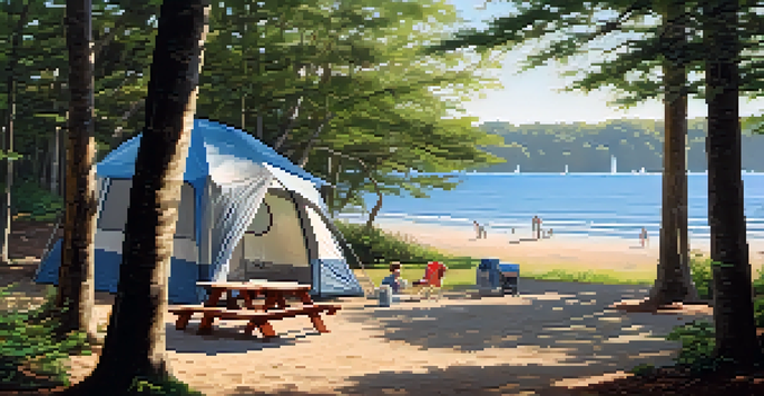 A family camping at Kathryn Abbey Hanna Park, featuring a tent, picnic table, and a beach in the background.