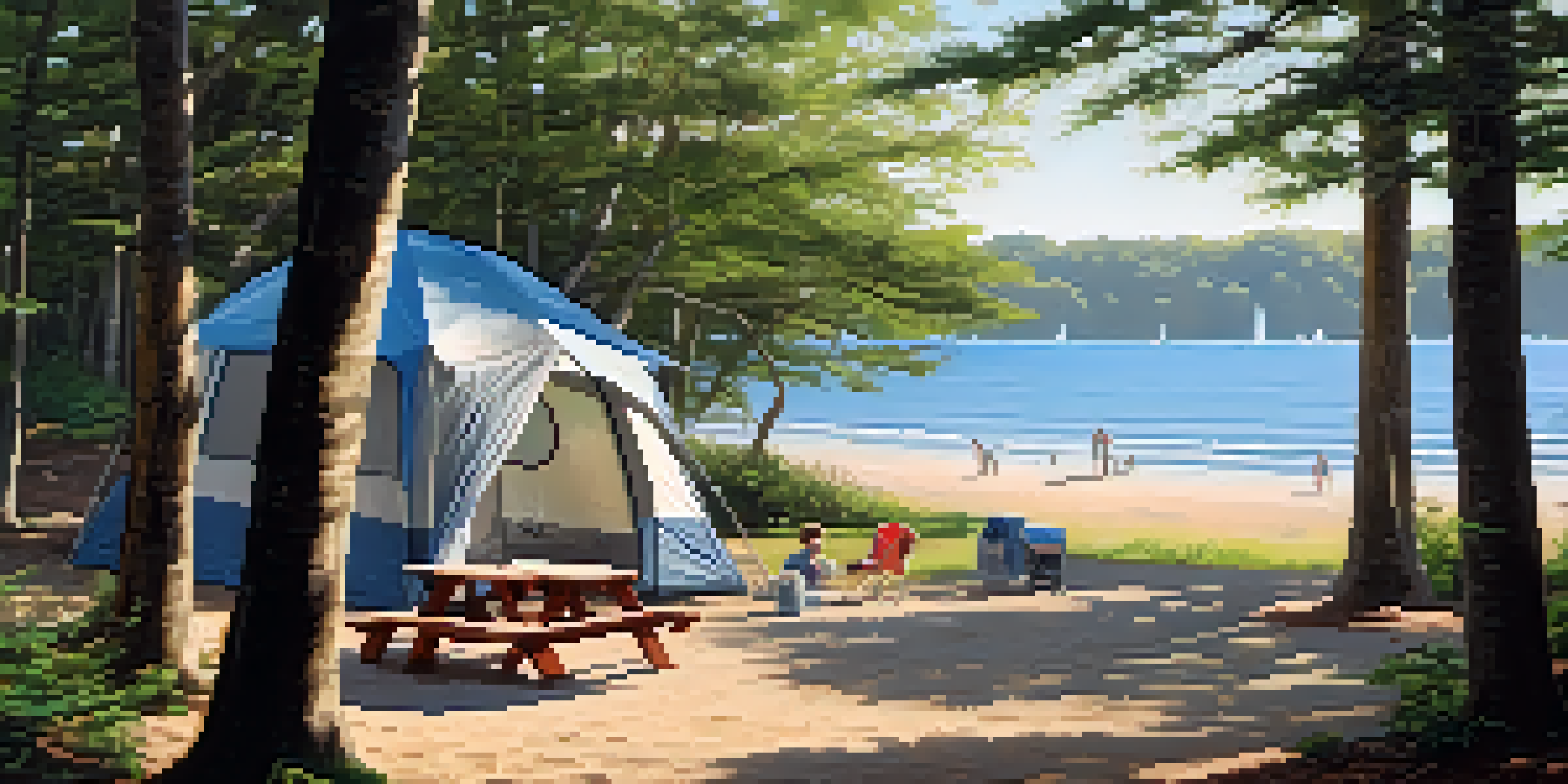 A family camping at Kathryn Abbey Hanna Park, featuring a tent, picnic table, and a beach in the background.