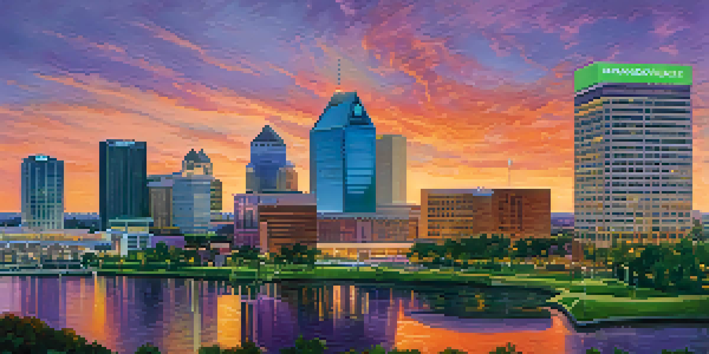 A sunset view of Jacksonville's skyline with modern healthcare buildings and lush parks in the foreground.
