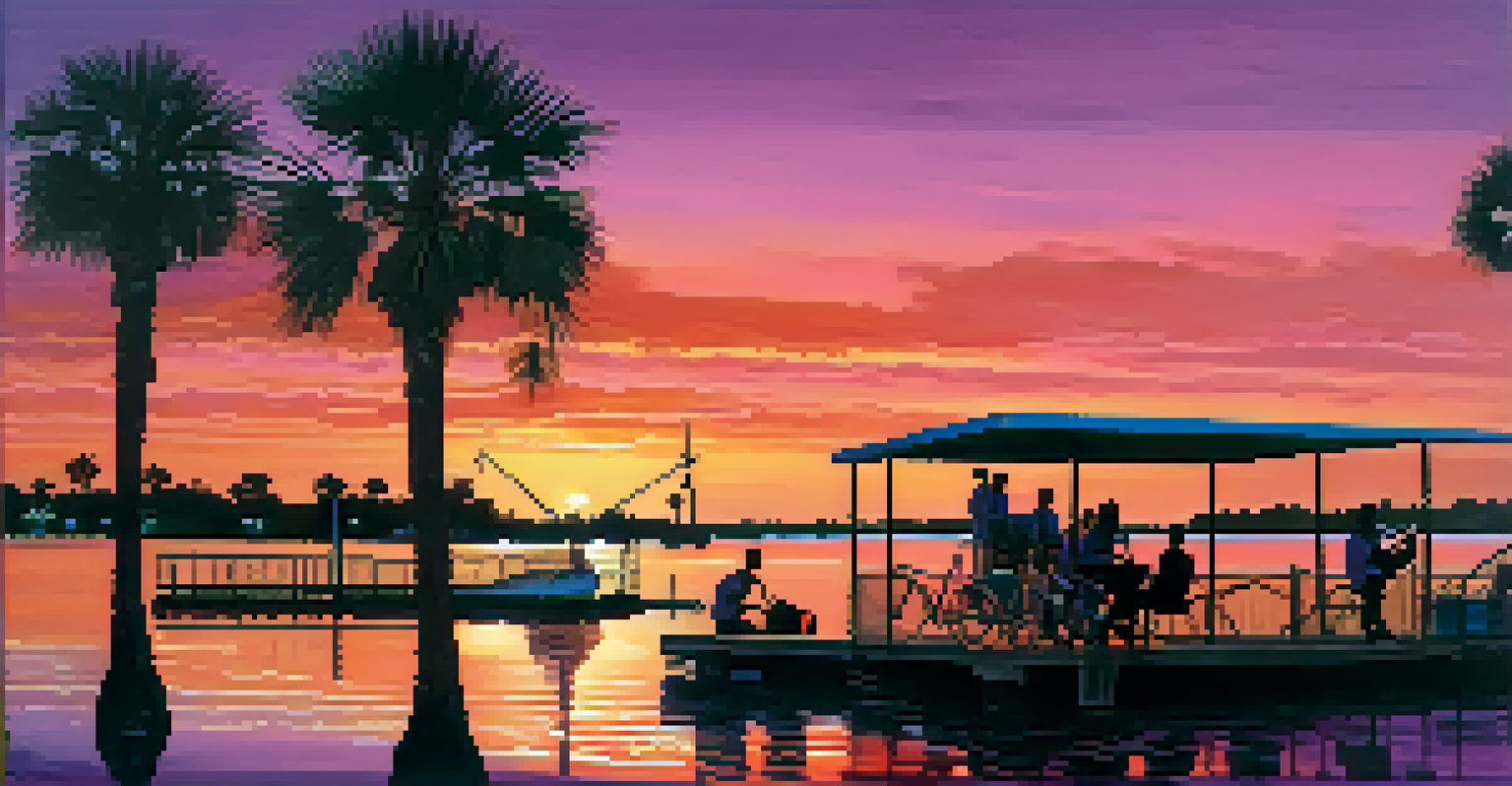 A sunset view over Jacksonville's riverfront with palm trees and a band performing on a dock.