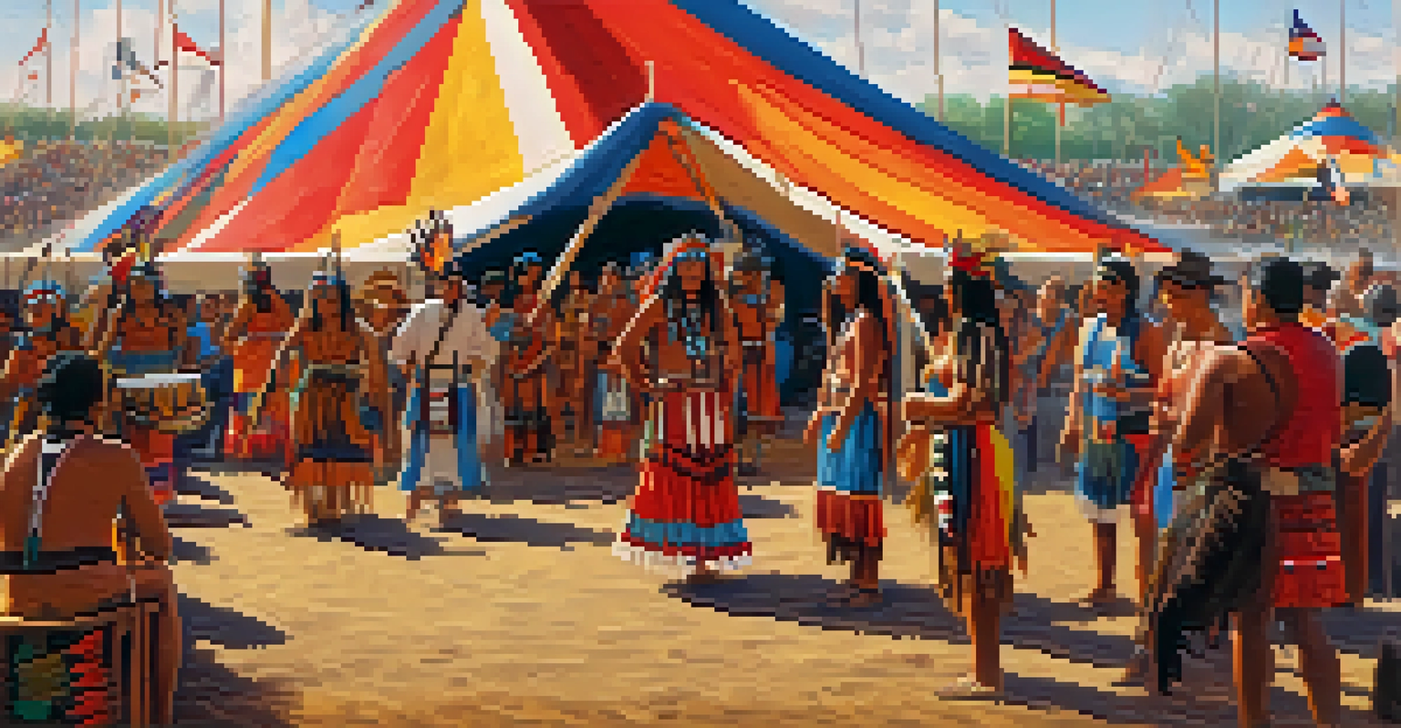 A vibrant Native American festival scene with colorful crafts, musicians, and dancers celebrating culture.
