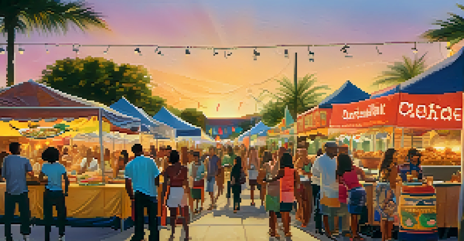 An outdoor festival in Jacksonville with diverse food stalls and people enjoying various cuisines, illuminated by warm golden hour light.