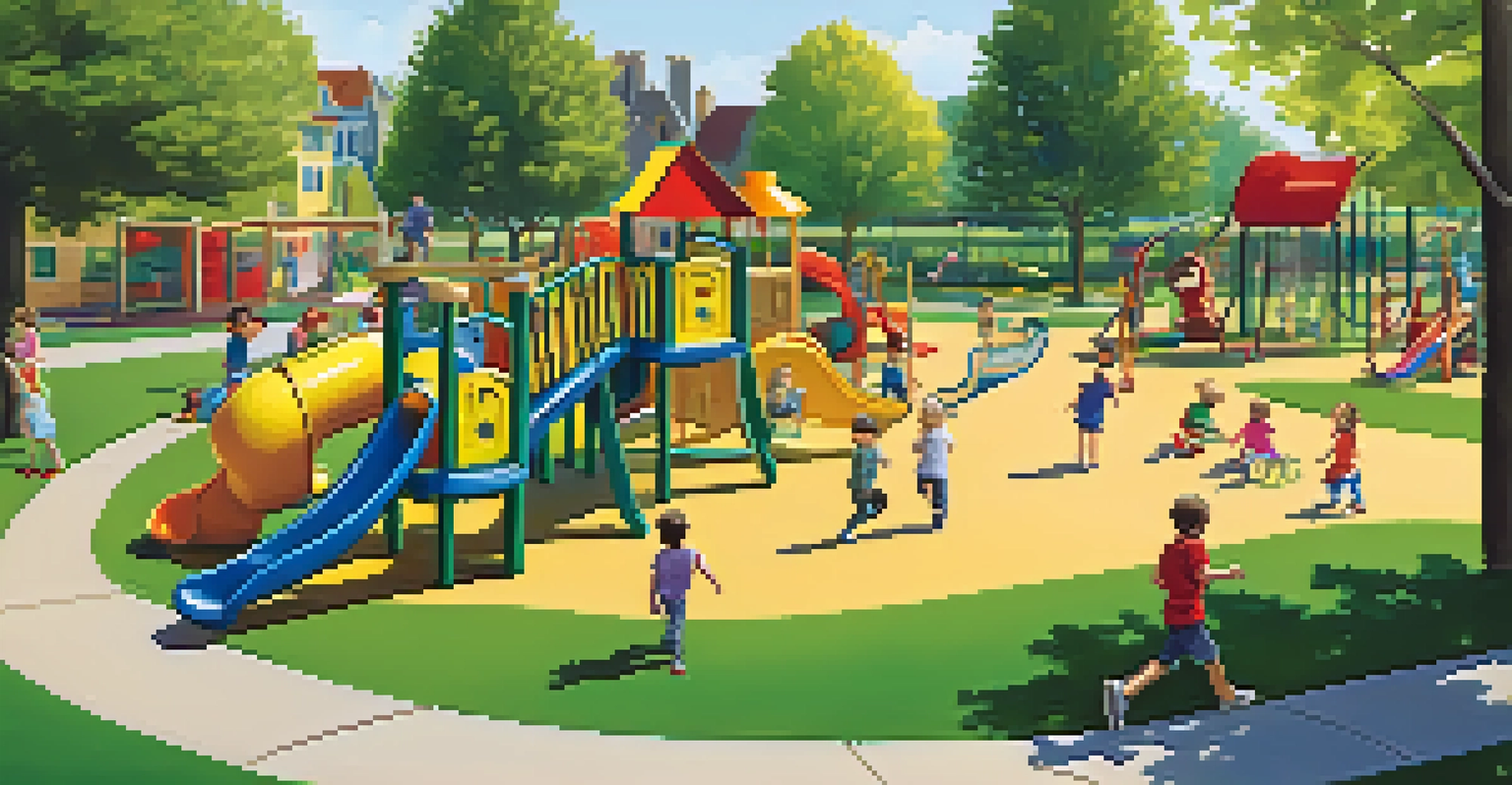 A colorful outdoor playground filled with happy preschoolers playing on swings and slides in a sunny park setting.