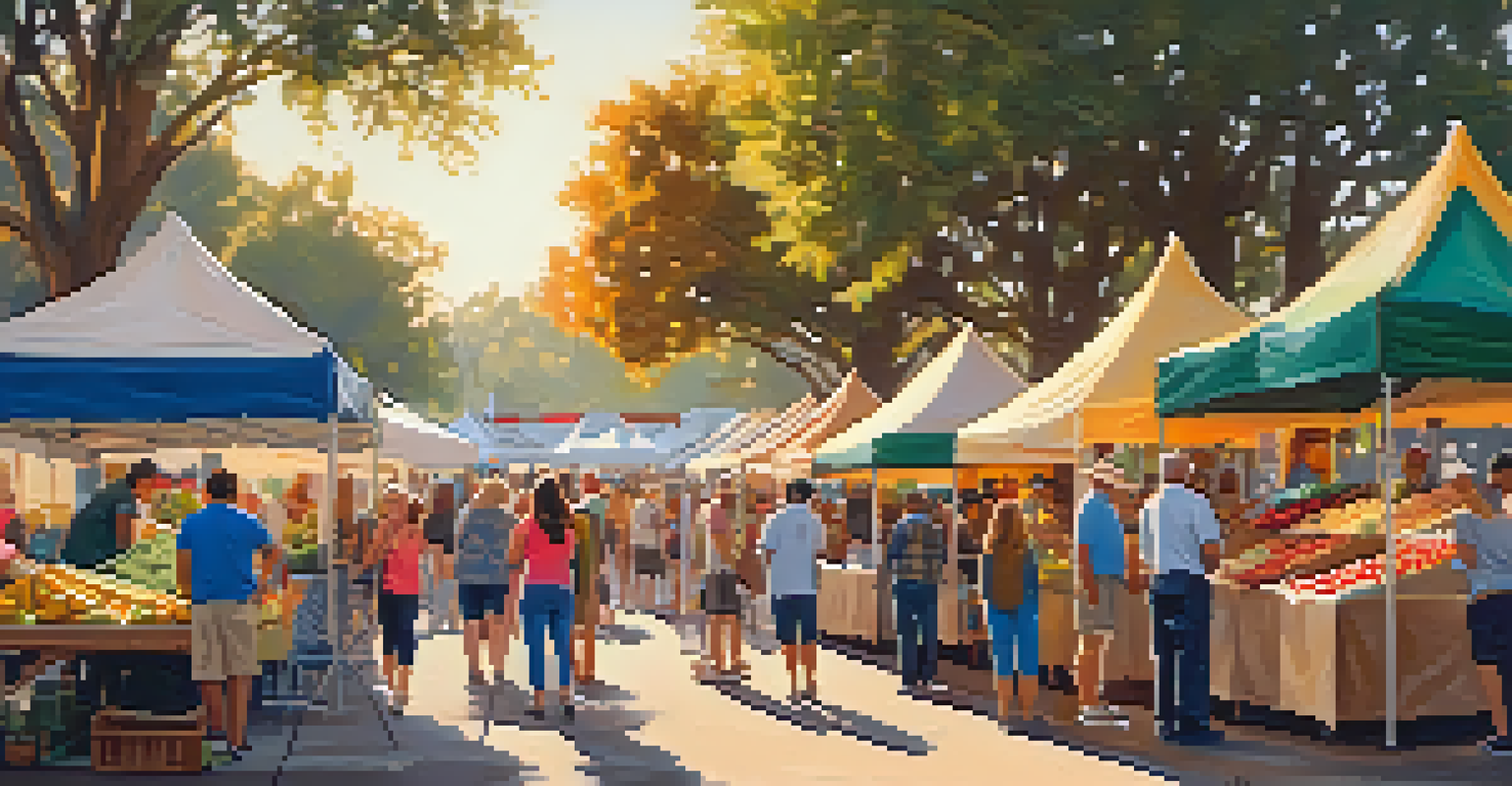 A lively farmers' market in a park with various vendors selling fresh produce and crafts, featuring a diverse crowd enjoying the warm afternoon sun.