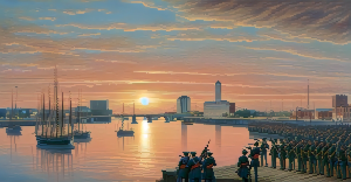 Union soldiers in blue uniforms marching along the St. Johns River in Jacksonville during the Civil War, with buildings and a colorful sunset in the background.